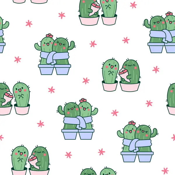 Kawaii Cactus Knuffel Naadloos Patroon Schattig Cartoon Cactussen Koppel Verliefd — Stockvector