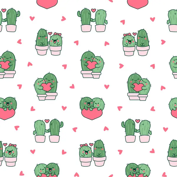 カワイカクタスハグ シームレスなパターン 愛するかわいい漫画のカップル ポットの中の面白い植物のキャラクター 手描きスタイル ベクター図面 デザインの装飾 — ストックベクタ