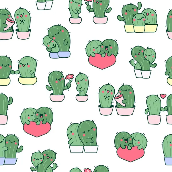 Kawaii Kaktuskram Sömlöst Mönster Söta Tecknade Kaktuspar Förälskade Roliga Växtfigurer — Stock vektor