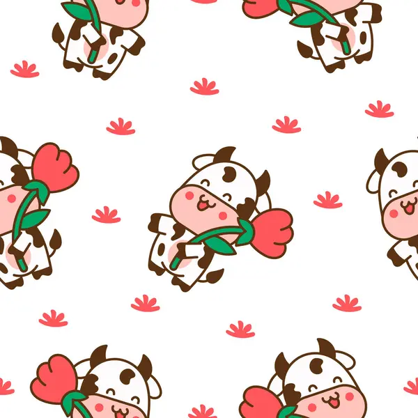 Beautiful Cow Cartoon Character Seamless Pattern Cute Kawaii Farm Animal — Stock Vector