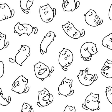 Cute kawaii little cat. Seamless pattern. Coloring Page. Cartoon funny kitty, animals character. Hand drawn style. Vector drawing. Design ornaments. clipart