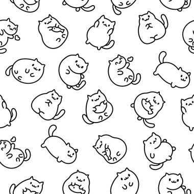 Şirin kawaii kedisi. Kusursuz desen. Boyama sayfası. Çizgi film kedisi, hayvan karakteri. El çizimi stili. Vektör çizimi. Tasarım süslemeleri.