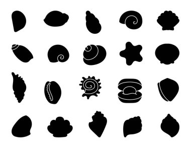 Deniz kabuğu. Siluet Görüntü. Yumuşakça ve deniz salyangozundan oluşan deniz kabukları. Yaz tatili. El çizimi stili. Vektör çizimi. Tasarım elementlerinin koleksiyonu.