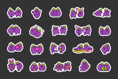 Tatlı patlıcan çifti. Etiket Yer İmi. Komik çizgi film karakterleri. El çizimi stili. Vektör çizimi. Tasarım elementlerinin koleksiyonu.