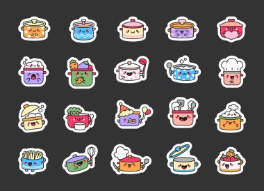 Şirin kawaii tencereleri. Etiket Yer İmi. Komik çizgi film karakterleri. El çizimi stili. Vektör çizimi. Tasarım elementlerinin koleksiyonu.