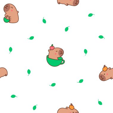 Tatlı çizgi film kawaii capybara. Kusursuz desen. Hayvani komik karakterler. El çizimi stili. Vektör çizimi. Tasarım süslemeleri.