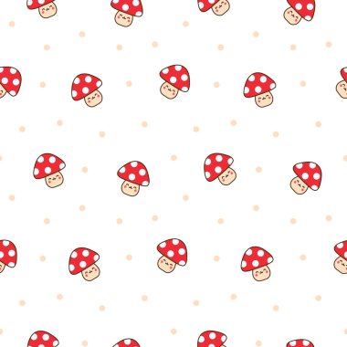 Kawaii çizgi film karakterleri. Kusursuz desen. Şirin hayvanlar, doğa, sebzeler, meyveler, çiçekler. El çizimi stili. Vektör çizimi. Tasarım süslemeleri.