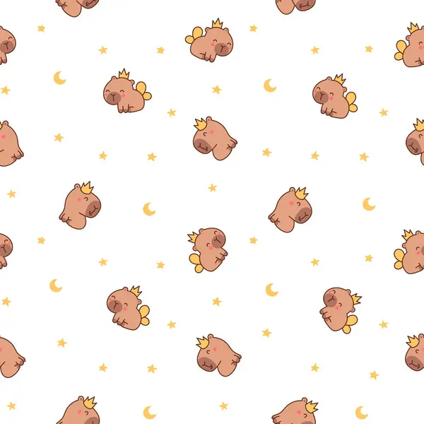 Cute Cartoon Kawaii Capybara Seamless Pattern Animal Funny Characters Hand Vettoriale Stock
