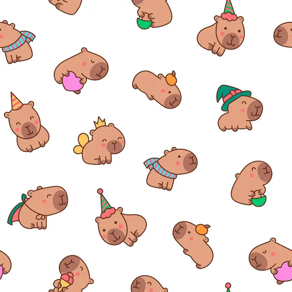 Cute Cartoon Kawaii Capybara Seamless Pattern Animal Funny Characters Hand Vectorbeelden