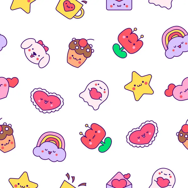 Cartoon Cute Happy Kawaii Characters Seamless Pattern Lifestyle Hand Drawn Gráficos vectoriales