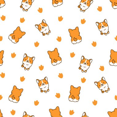 Şirin kawaii corgi sosisi. Kusursuz desen. Komik köpek yavrusu hayvan karakterleri. El çizimi stili. Vektör çizimi. Tasarım süslemeleri.