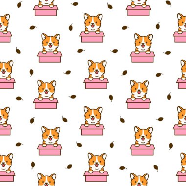 Şirin kawaii corgi sosisi. Kusursuz desen. Komik köpek yavrusu hayvan karakterleri. El çizimi stili. Vektör çizimi. Tasarım süslemeleri.