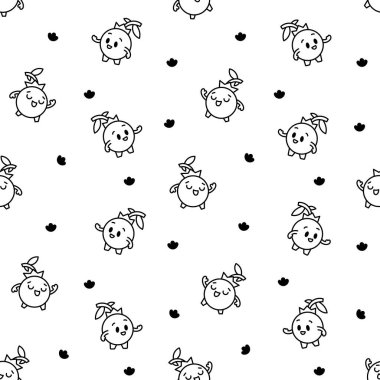 Kawaii yaban mersini çizgi film karakteri. Kusursuz desen. Boyama sayfası. Farklı duygularda tatlı meyveler. El çizimi stili. Vektör çizimi. Tasarım süslemeleri.