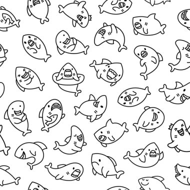 Komik kawaii okyanus köpekbalığı. Kusursuz desen. Boyama sayfası. Gülümseyen çeneler ve komik deniz hayvanları karakteri. El çizimi stili. Vektör çizimi. Tasarım süslemeleri.