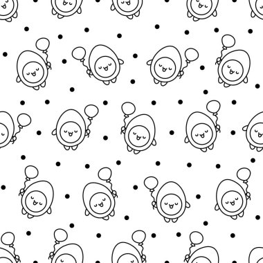 Şirin kawaii haşlanmış yumurta ve komik yüzler. Kusursuz desen. Boyama sayfası. Çizgi film mutlu yemek karakterleri. El çizimi stili. Vektör çizimi. Tasarım süslemeleri.