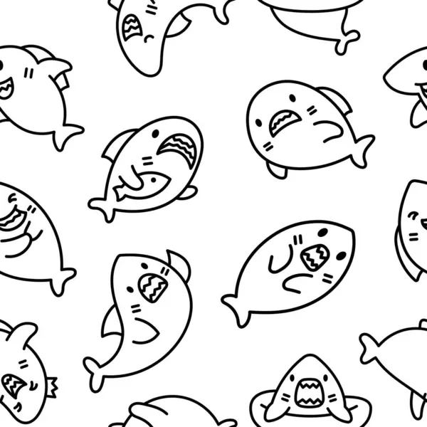 有趣的Kawaii海洋鲨鱼 无缝图案 着色页 微笑的嘴和滑稽的海洋动物的性格 手绘风格 矢量绘图 设计装饰品 图库插图