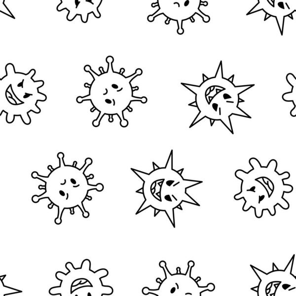 Вирусы Кавайи. Бесшовный шаблон. Раскрашивание страницы. Симпатичные мультяшные персонажи бактериальной инфекции и микробов. Ручной стиль. Векторный рисунок. Дизайн орнаментов.