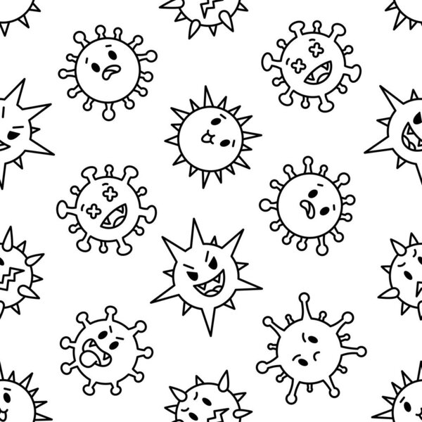 Вирусы Кавайи. Бесшовный шаблон. Раскрашивание страницы. Симпатичные мультяшные персонажи бактериальной инфекции и микробов. Ручной стиль. Векторный рисунок. Дизайн орнаментов.