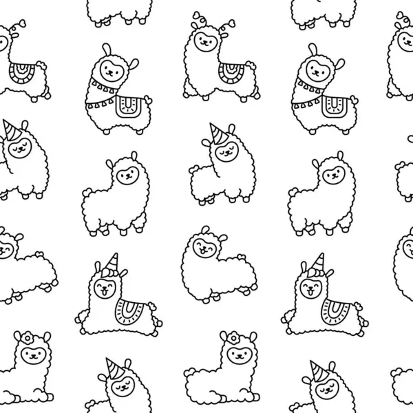 Cute Kawaii Little Llama Seamless Pattern Coloring Page Cartoon Funny — Stock Vector