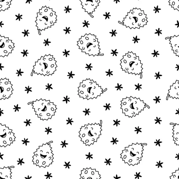 Cute Happy Durian Character Emoticon Seamless Pattern Coloring Page Kawaii Stock Illustration