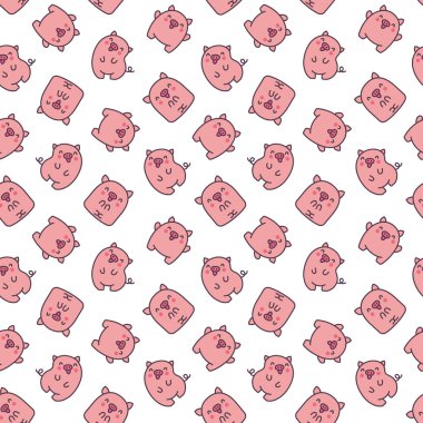 Şirin kawaii küçük domuz. Kusursuz desen. Güzel bir çizgi film karakteri gibi gülümsüyor. El çizimi stili. Vektör çizimi. Tasarım süslemeleri.