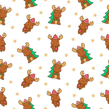 Şirin kawaii geyik karakteri. Kusursuz desen. Çizgi film komik vahşi hayvan. El çizimi stili. Vektör çizimi. Tasarım süslemeleri.