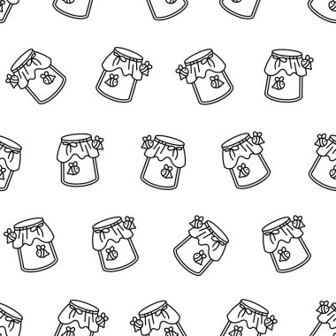 Bal dolu cam kap. Kusursuz desen. Boyama sayfası. Arı ve ahşap bal kovanı. Kavanozu aç El çizimi stili. Vektör çizimi. Tasarım süslemeleri.