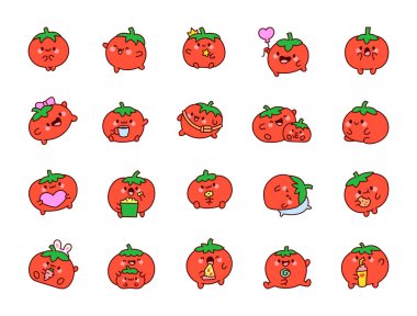Komik gülümseyen domates karakteri. Yüzü güzel bir sebze. El çizimi stili. Vektör çizimi. Tasarım elementlerinin koleksiyonu.