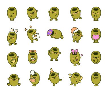 Şirin kawaii zeytini. Sevimli çizgi film yemek karakteri. El çizimi stili. Vektör çizimi. Tasarım elementlerinin koleksiyonu.