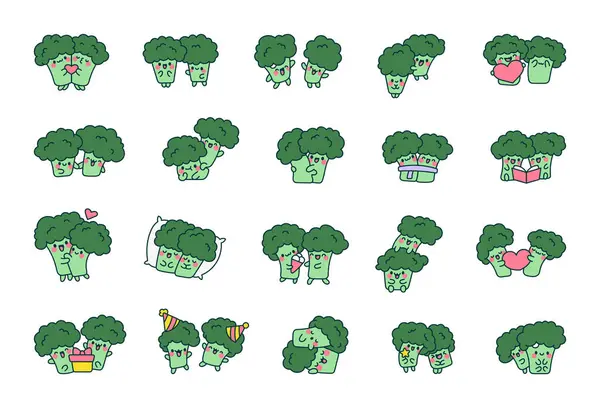 Engraçado Casal Brócolis Personagens Desenhos Animados Amigos Comida Giros Estilo — Vetor de Stock