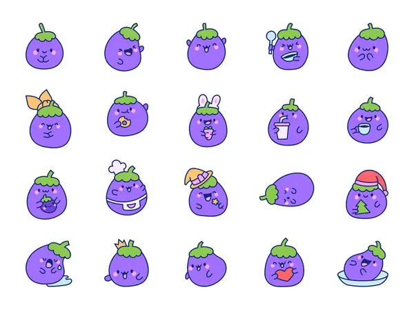Cute Kawaii Eggplant Vegetable Adorable Cartoon Food Character Hand Drawn Stok Vektor Bebas Royalti