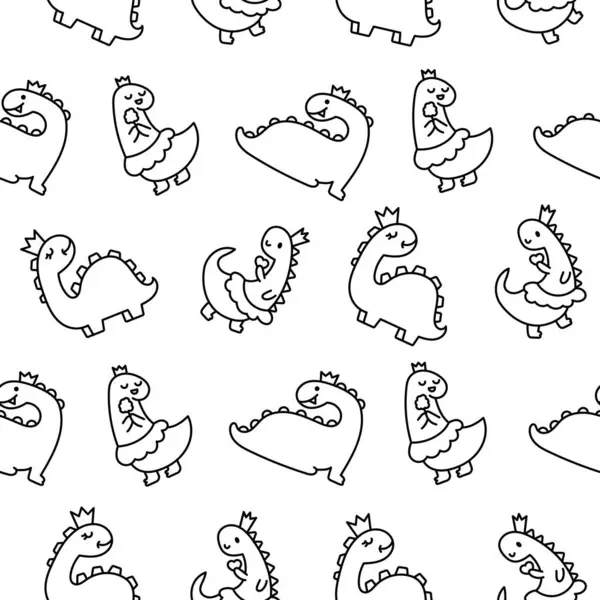 Funny Cute Girls Dinosaurs Seamless Pattern Coloring Page Kawaii Baby Stock Vector