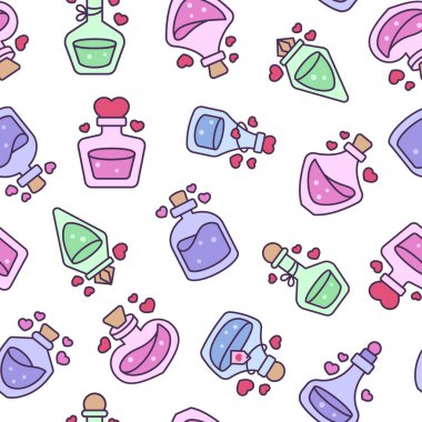 Aşk iksiri. Kusursuz desen. Kalbi olan durdurulmuş cam ampul. Afrodizyak şişesi. Sevgililer Günü. El çizimi stili. Vektör çizimi. Tasarım süslemeleri.