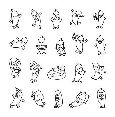 Komik muz karakteri. Boyama sayfası. Tatlı çizgi film meyvesi. El çizimi stili. Vektör çizimi. Tasarım elementlerinin koleksiyonu.