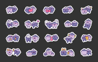 Birkaç tatlı tava. Etiket Yer İmi. Komik mutfak aletleri. El çizimi stili. Vektör çizimi. Tasarım elementlerinin koleksiyonu.