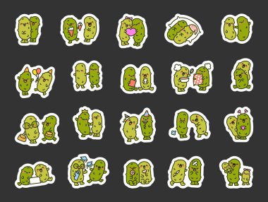 Şirin bir çift salatalık. Etiket Yer İmi. Komik çizgi film karakterleri. El çizimi stili. Vektör çizimi. Tasarım elementlerinin koleksiyonu.