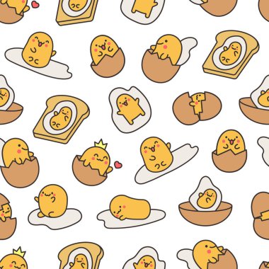 Komik yüzlü Kawaii sarısı. Kusursuz desen. Kahvaltıda çizgi film karakteri. El çizimi stili. Vektör çizimi. Tasarım süslemeleri.