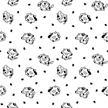 Şirin kawaii bebek inek. Kusursuz desen. Boyama sayfası. Farklı pozlarda çizgi filmlerdeki çiftlik hayvanı karakteri. El çizimi stili. Vektör çizimi. Tasarım süslemeleri.