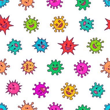 Kawaii virüsleri. Kusursuz desen. Bakteriyel enfeksiyon ve mikrop içeren sevimli çizgi film karakterleri. El çizimi stili. Vektör çizimi. Tasarım süslemeleri.