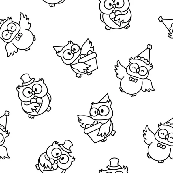 漫画ハッピーフクロウキャラクター シームレスなパターン カラーリングページ かわいい森の鳥たち 手描きスタイル ベクター図面 デザインの装飾 ロイヤリティフリーストックベクター