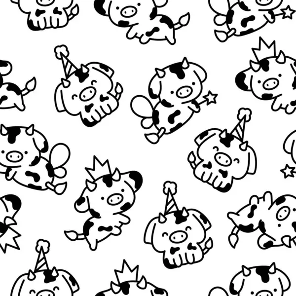 Cute Kawaii Baby Cow Seamless Pattern Coloring Page Cartoon Farm Stock Illusztrációk