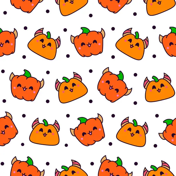 Cute Kawaii Halloween Pumpkin Seamless Pattern Holidays Cartoon Character Monsters Vector Graphics