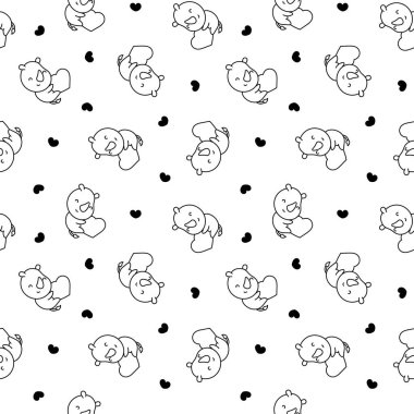 Tatlı kawaii gergedanı. Kusursuz desen. Boyama sayfası. Çizgi film gergedanları. Hayvan karakteri. El çizimi stili. Vektör çizimi. Tasarım süslemeleri.