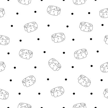 Dilimler ve peynir dilimleri. Kusursuz desen. Boyama sayfası. Parmesan, mozzarella, hollandaise, ricotta, farklı türde. El stili. Vektör çizimi. Tasarım süslemeleri.