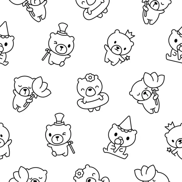 Cute Kawaii Teddy Bear Seamless Pattern Coloring Page Cartoon Funny — Stock Vector