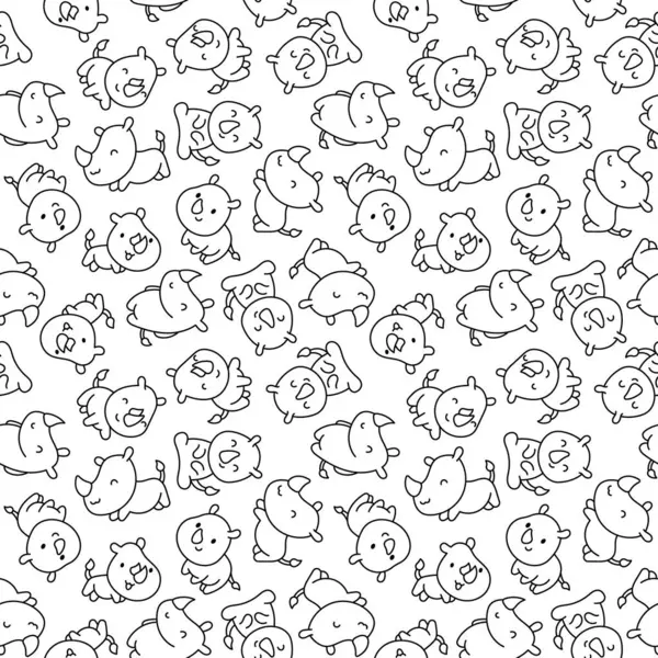 Cute Kawaii Rhino Seamless Pattern Coloring Page Cartoon Funny Rhinoceros — Stock Vector