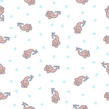 Şirin kawaii fili. Kusursuz desen. Çizgi film karakterleri. El çizimi stili. Vektör çizimi. Tasarım süslemeleri.