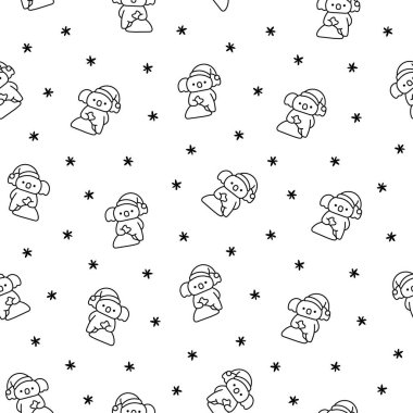 Şirin kawaii koala. Kusursuz desen. Boyama sayfası. Avustralyalı hayvan çizgi film karakteri. El çizimi stili. Vektör çizimi. Tasarım süslemeleri.