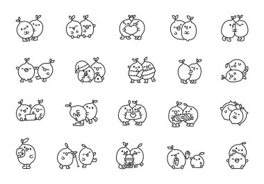 Neşeli limonlu çift. Boyama sayfası. Komik çizgi film karakterleri. El çizimi stili. Vektör çizimi. Tasarım elementlerinin koleksiyonu.