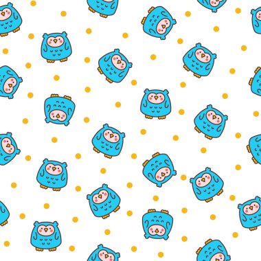 Şirin kawaii baykuşu. Kusursuz desen. Çizgi film komik vahşi hayvan karakteri. El çizimi stili. Vektör çizimi. Tasarım süslemeleri.